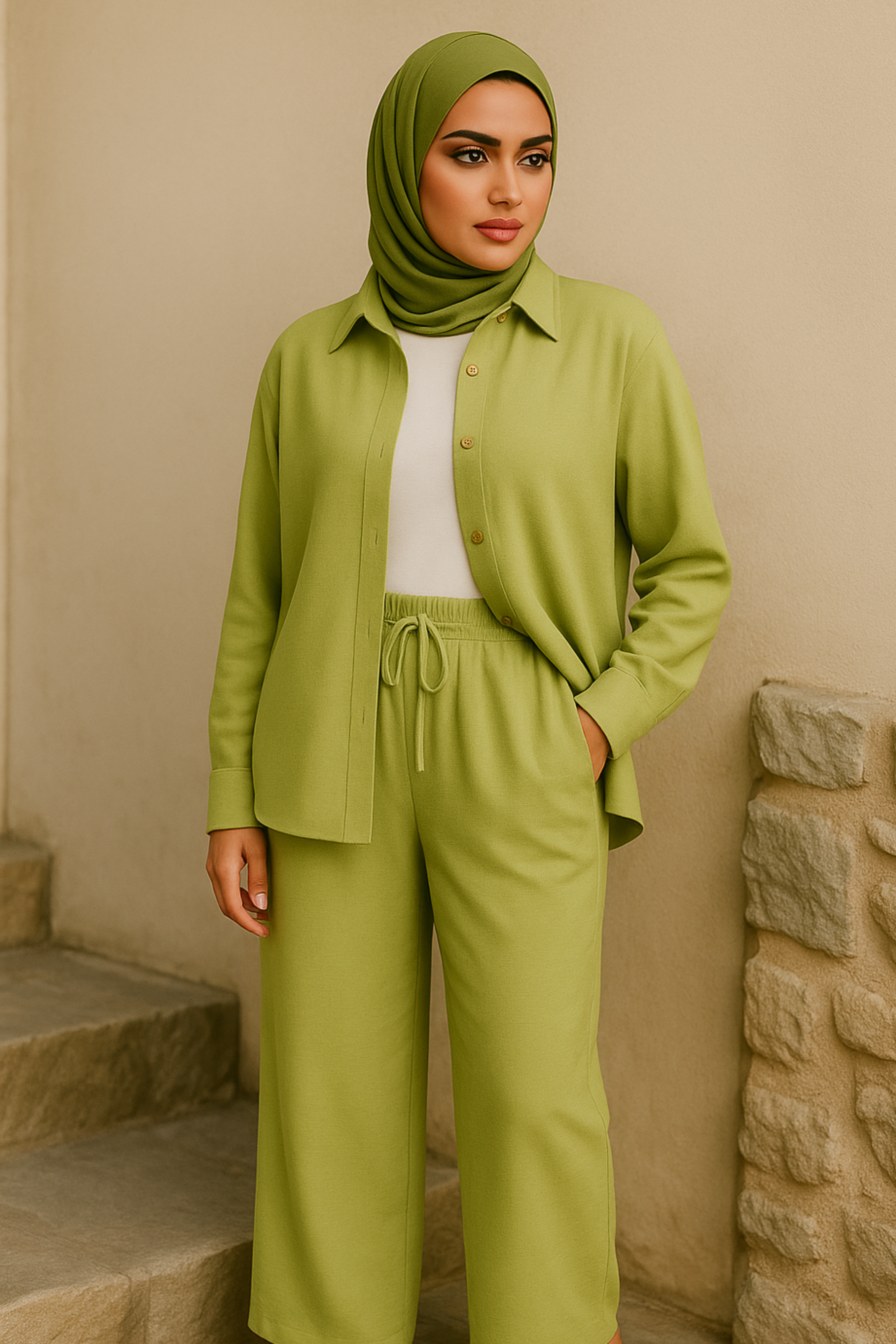 Lina Modest Linen Set – Breathable Elegance for Summer - Green