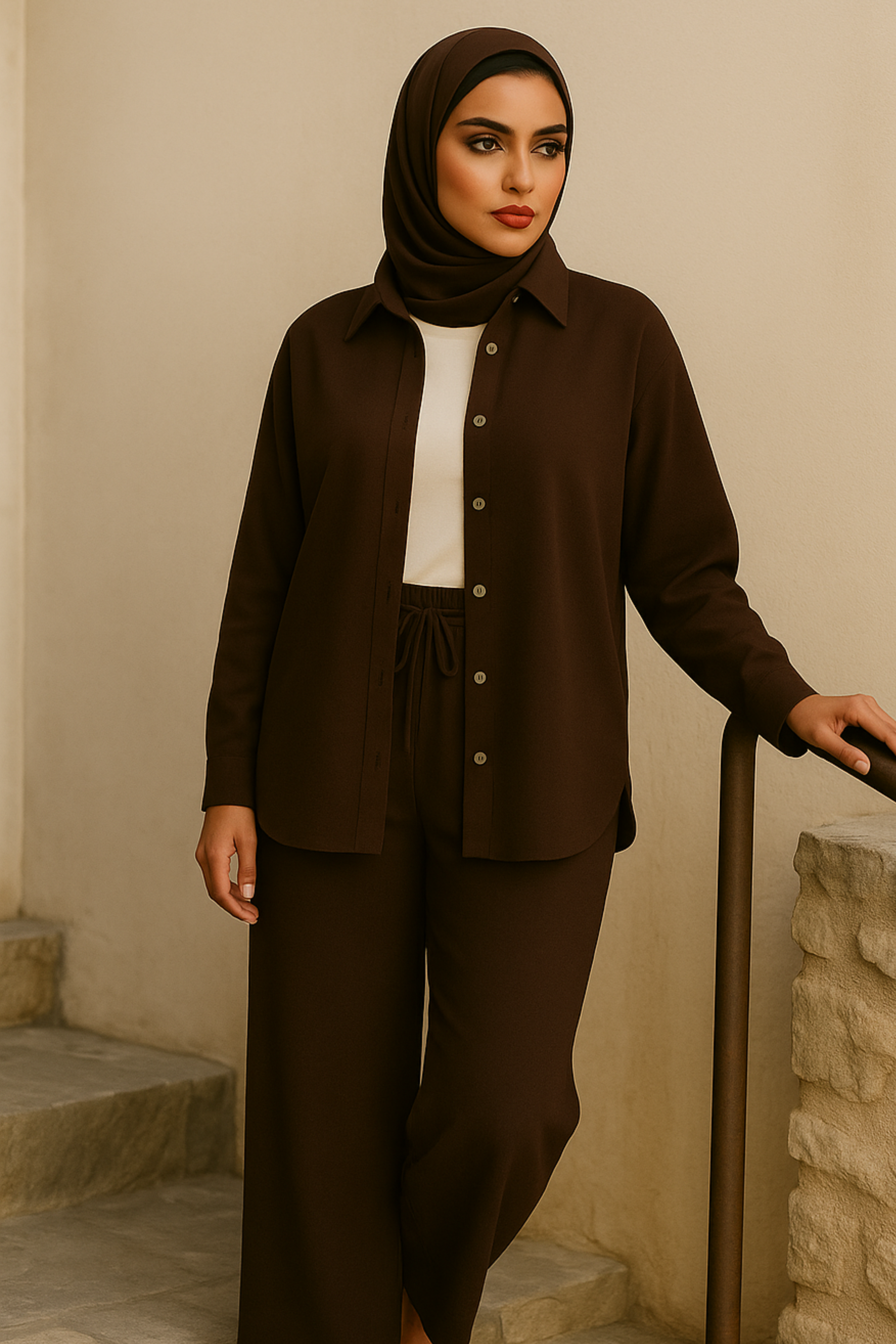 Lina Modest Linen Set – Breathable Elegance for Summer - Brown