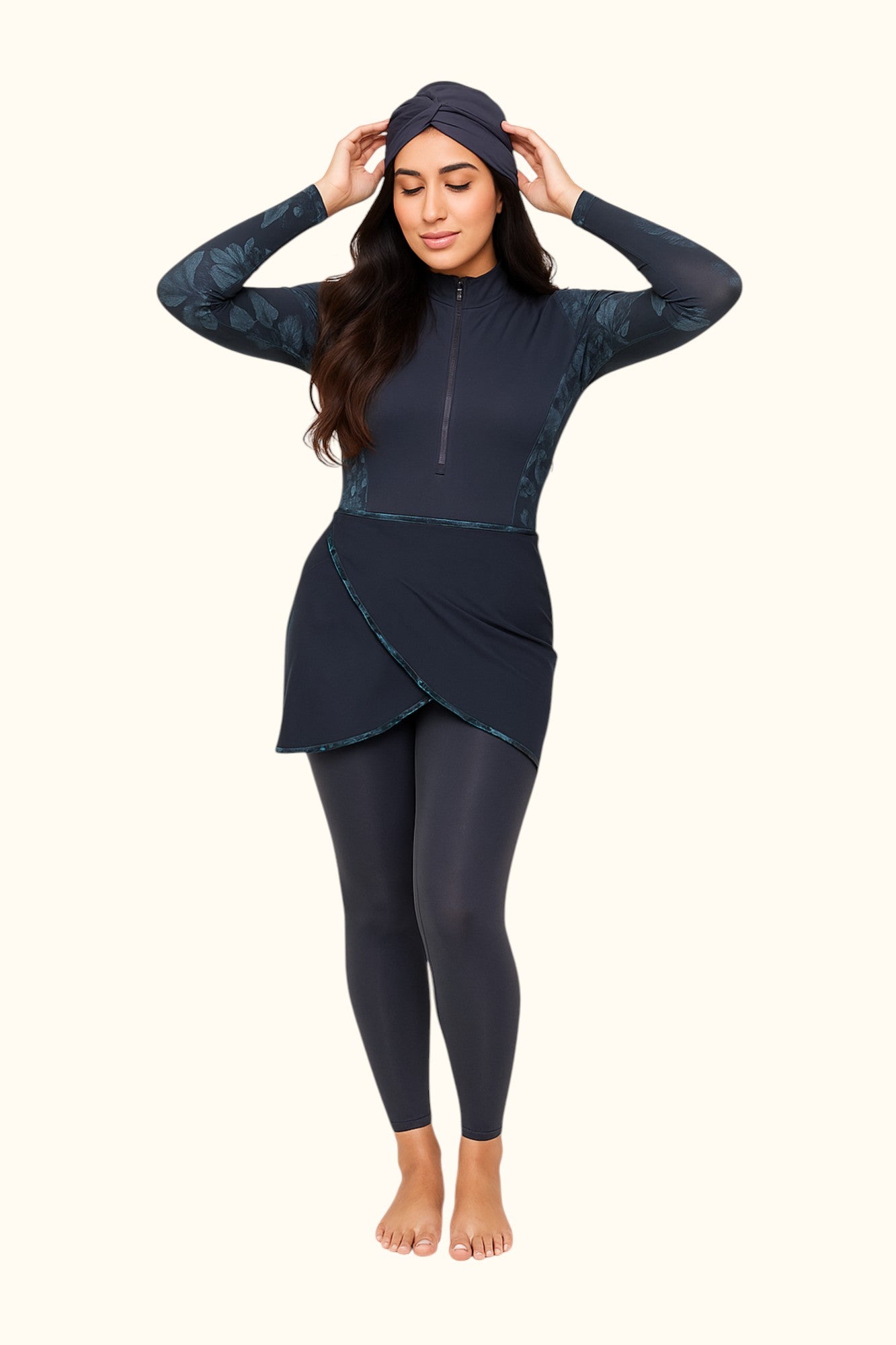 MODEST MIRA - 4 pieces cross-over burkini - Half Blue Leaves