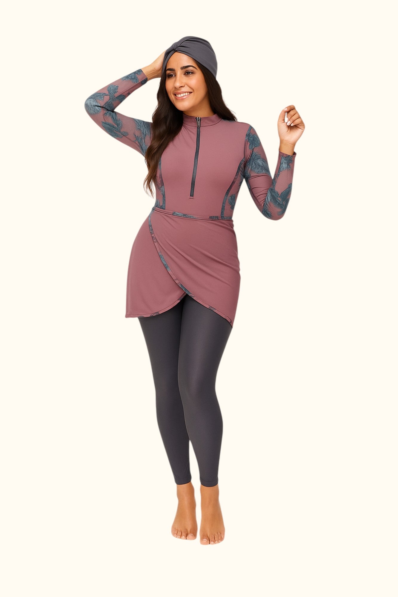 MODEST MIRA - 4 pieces cross-over burkini - Pink Leaves